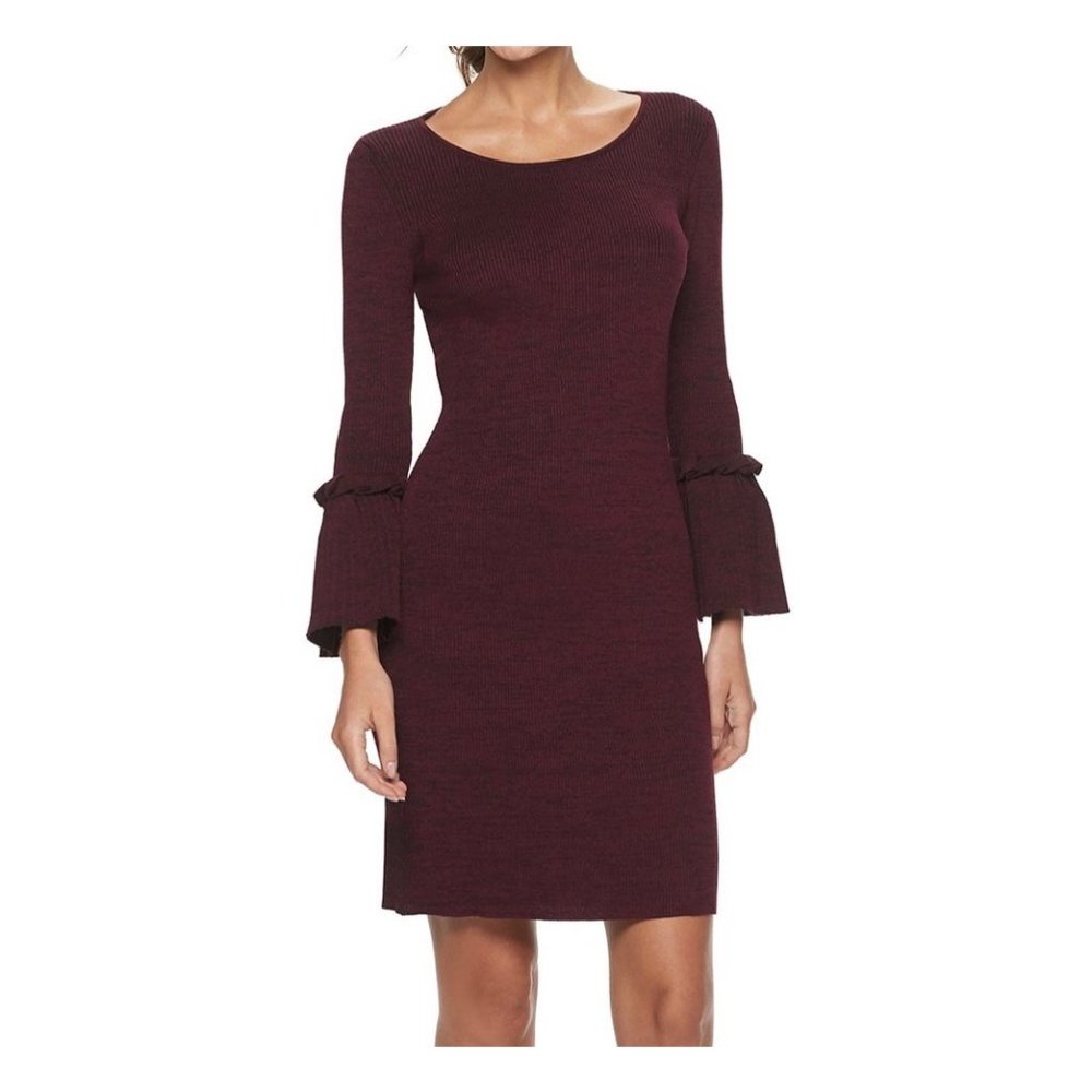 Nina Leonard Bell Sleeve Ribbed Knit Sweater Dress Burgundy Wine size Medium